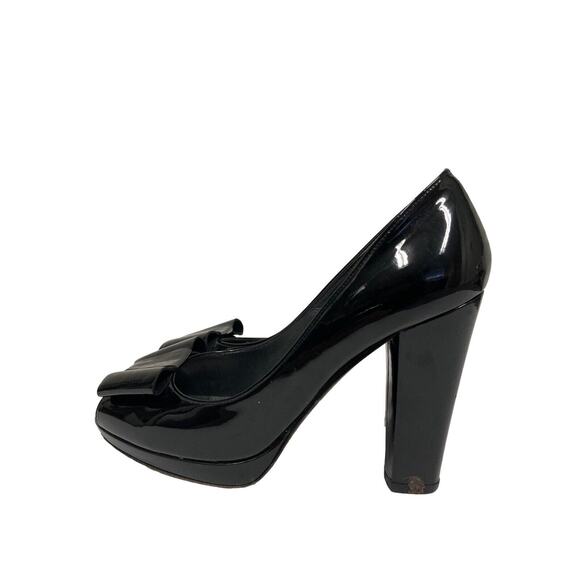 STUART WEITZMAN Black Leather Patent Bow Accent Peep Toe Block Heel Pumps 7.5 - Picture 5 of 7